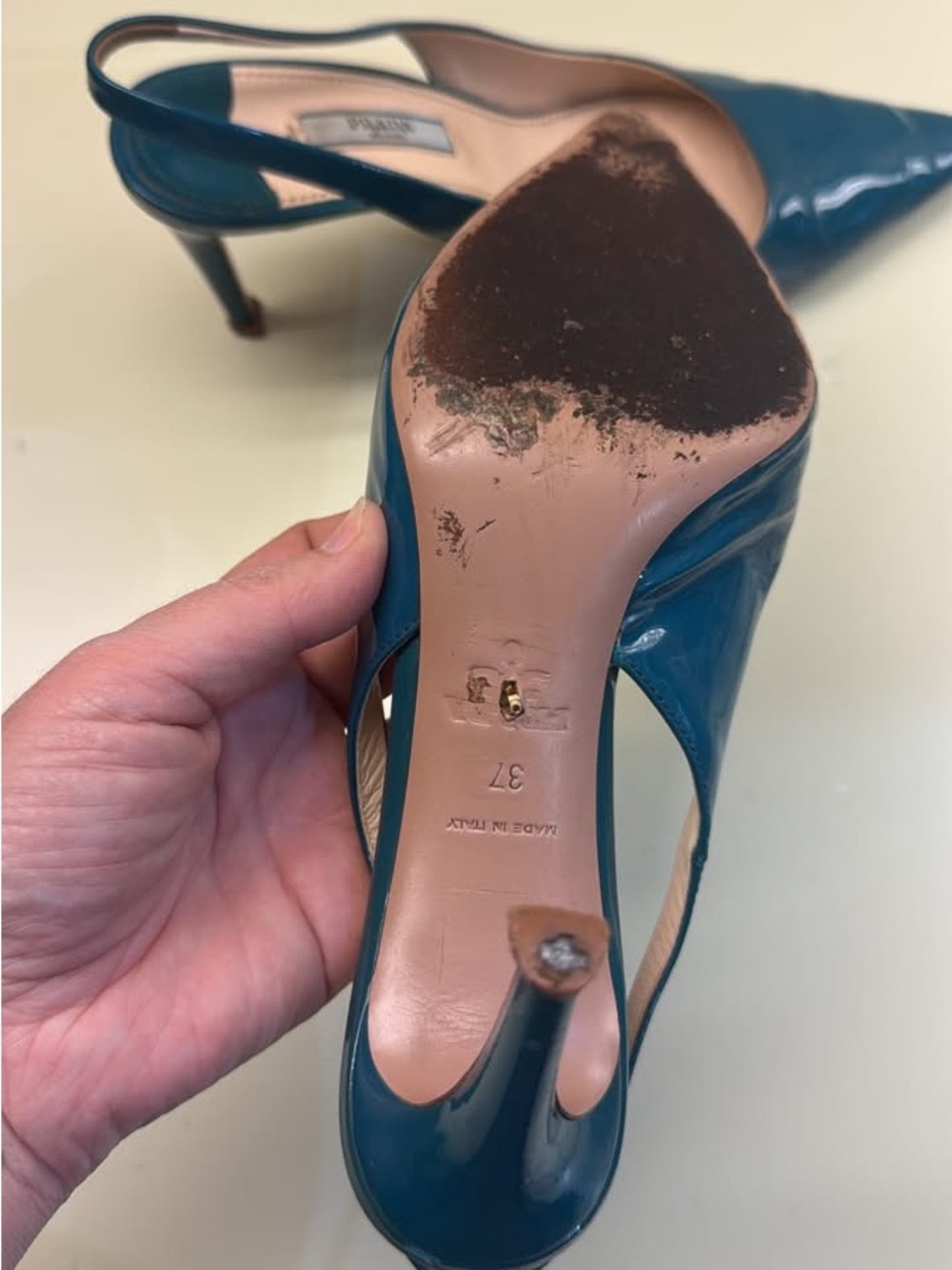 Prada Teal Patent Leather Pointed Slingback Heels - Picture 3 of 4